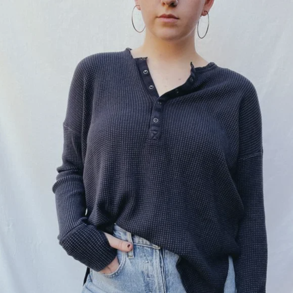 Waffle Knit Long Sleeve Henley T-Shirts